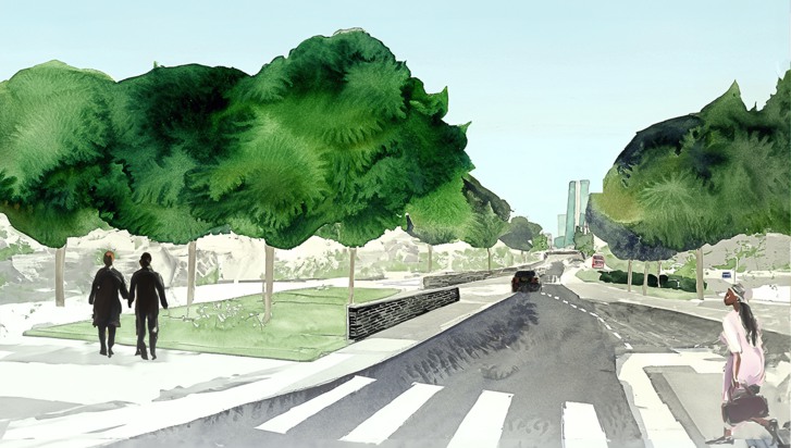 En illustration som visar hur Vånggatan kommer att se ut - med träd, bullerminskande murar och Hanna Tower i bakgrunden.