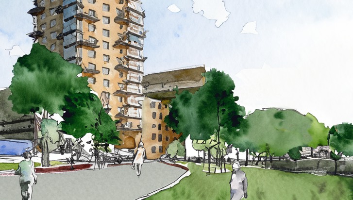En illustration som visar hur Stationstorget kommer att se ut när det är klart - med människor, grönytor och moderna byggnader.