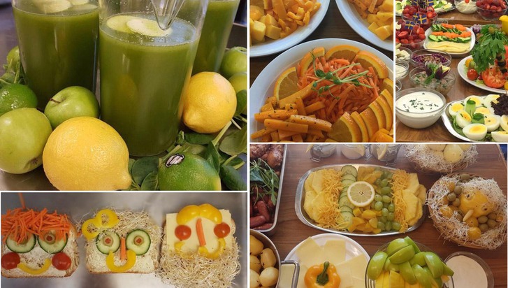 kollage av färgglada bilder som föreställer mat som serveras på ett tilltalande sätt