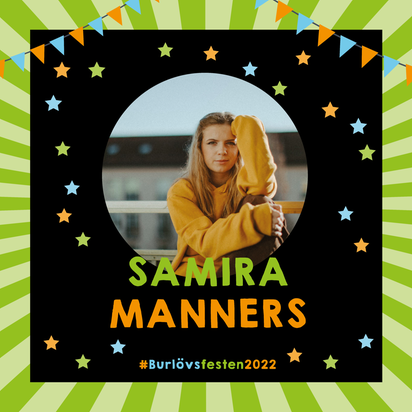 En bild på Samira Manners, en blond ung kvinna med orange tröja.